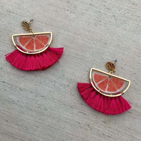 Acrylic Orange Slice Pink Fringe Tassel Earrings With Gold Tone Metal - Picture 2 of 5